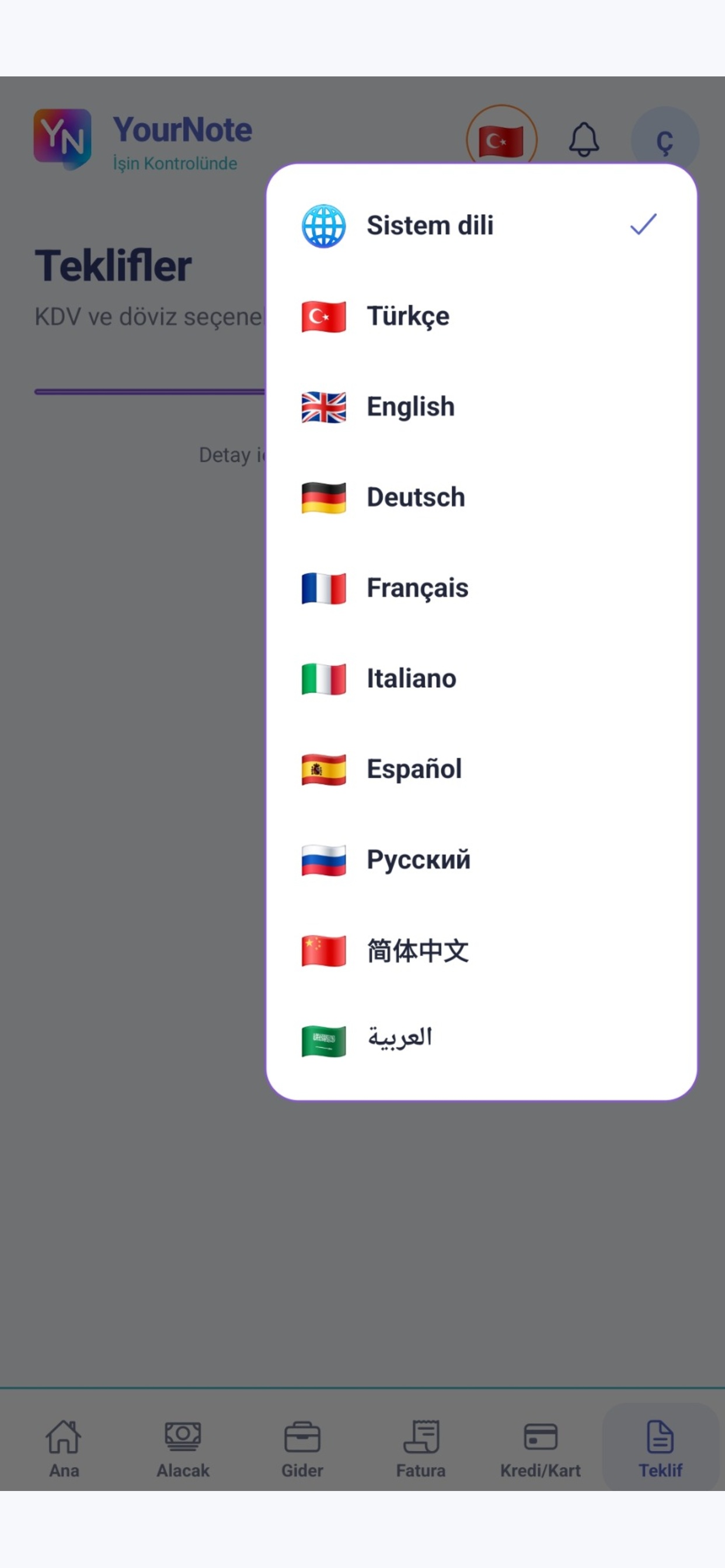 YourNote 9 dil desteği ekranı