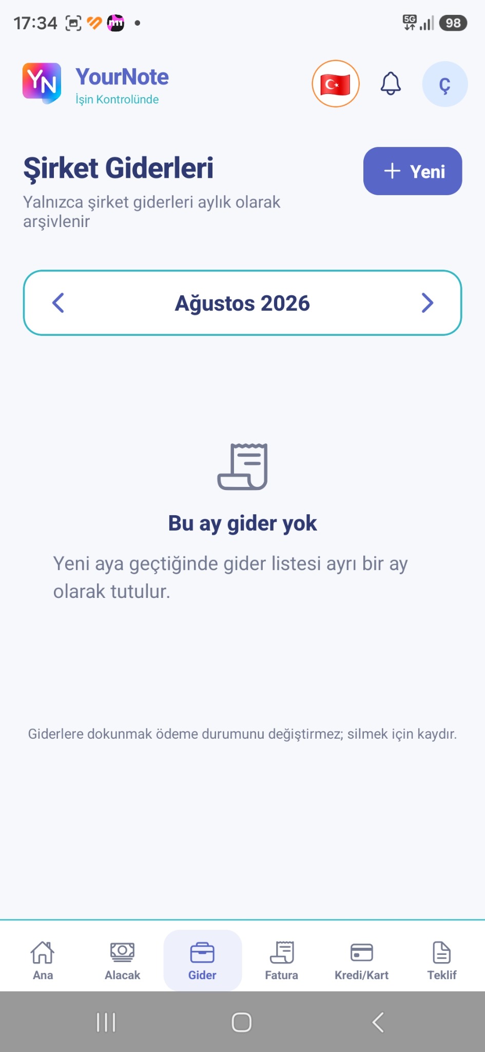 YourNote Gider yönetimi ekranı