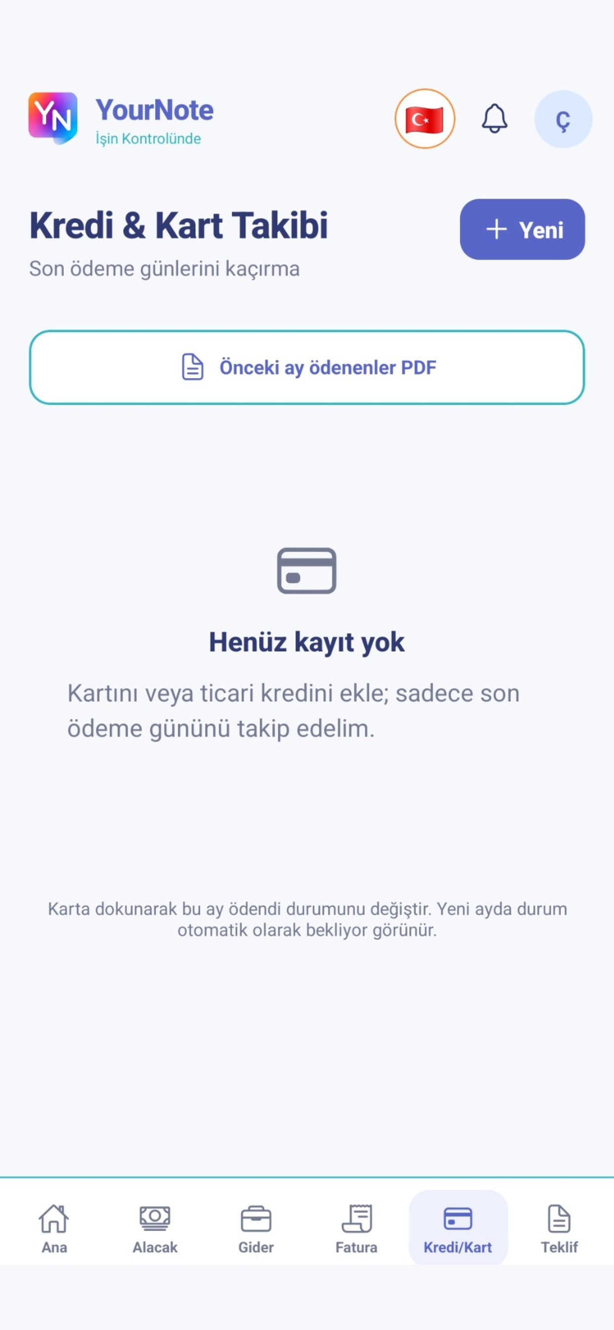 YourNote Kredi & Kart ekranı